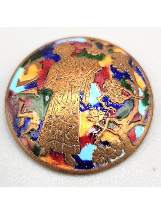 Antique Champleve Brooch Asian Geisha Enamel Copper Round Metal C Clasp - Picture 2 of 4